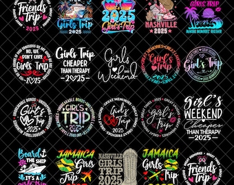 May include: A collection of black circular designs with white text and graphics. The designs feature phrases like "Girls Trip 2025", "Nashville 2025", and "Friends Trip 2025". Some designs include images of a cruise ship, palm trees, and cowboy boots.