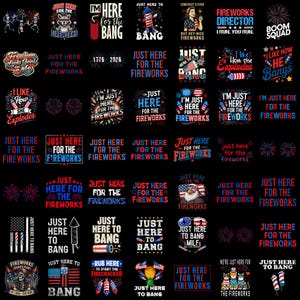 Op de afbeelding: Een verzameling grafische ontwerpen met rood, wit en blauwe patriottische thema's, vuurwerk en teksten zoals Just Here for the Fireworks, I'm Here for the Bang en Fireworks Director, gerangschikt in een raster op een zwarte achtergrond.