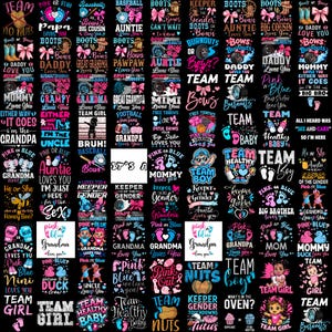 Puede incluir: Una colección de camisetas coloridas con varios diseños de texto, que incluyen frases como "Team Boy", "Pink or Blue" y "Grandma Loves You". Las camisetas presentan gráficos de lazos, pies de bebé y otros temas de revelación de género.