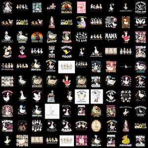 Pode incluir: Uma coleção de vários designs gráficos com gansos, patos e texto relacionado. Os designs incluem frases como "Mama Goose", "Silly Goose" e "Just a Mom Trying to Duck in a Row". As imagens são em várias cores e estilos.