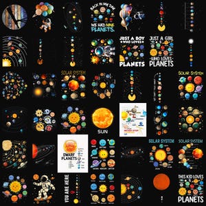 May include: A variety of colourful illustrations depicting planets, solar systems, and astronauts. Some designs include text such as "Back in my day we had nine planets," "Just a boy who loves planets," and "This kid loves planets."