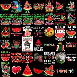 May include: A collection of watermelon-themed graphics and text designs. The images include cartoon watermelons wearing sunglasses, dinosaurs, and other characters. Text includes phrases like "Watermelon Crawl" and "Hello Summer."