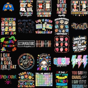 May include: A collection of colorful graphic designs on a black background. The designs include text like "Communication," "Inclusion," and "Sped Life," along with various illustrations such as strawberries, a worm, and a hand with the sign language symbol for "I love you."