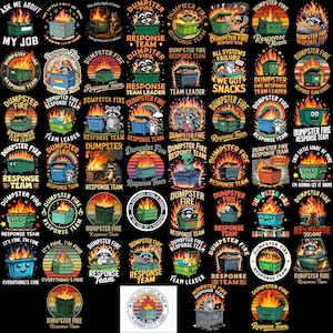 Puede incluir: Una colección de diseños gráficos circulares con un contenedor de basura en llamas. Los diseños incluyen texto como "Dumpster Fire", "Response Team" y "Team Leader". Algunos diseños presentan mapaches, extraterrestres y arcoíris.