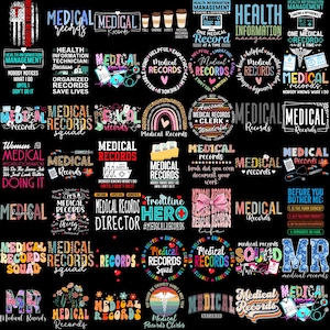 Puede incluir: Una colección de diseños gráficos negros con las palabras "Medical Records" en varias fuentes y estilos. Algunos diseños incluyen símbolos médicos, arcoíris y citas inspiradoras. Adecuado para profesionales médicos.
