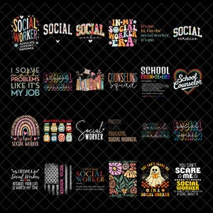 May include: A collection of twenty-five graphic designs featuring text and illustrations related to social work and school counseling. The designs include phrases like Social Worker, School Counselor, and Counseling Squad, with colorful fonts, rainbows, flowers, and jars.