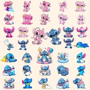 Puede incluir: Una colección de pegatinas de personajes de dibujos animados con Stitch y Angel en varias poses. Las pegatinas muestran a los personajes en tonos de azul y rosa, algunos sosteniendo biberones, chupetes y globos. El tema general es lindo y juguetón.