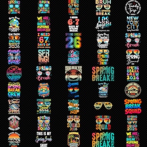 May include: A collection of colorful graphic designs with text related to Spring Break 2026. Designs include sunglasses, palm trees, and phrases like "Spring Break Crew" and "Cruise 2026" on a black background.
