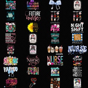 Op de afbeelding: Een verzameling kleurrijke grafische ontwerpen met tekst gerelateerd aan verpleging. De ontwerpen bevatten zinnen als "Future Nurse", "Night Shift" en "Nurse Life", samen met medische symbolen en koffiekopjes. De achtergrond is zwart.