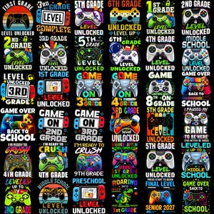 Nivåupplåst Gamer PNG-paket, skolspel PNG-samling, årskurskontroll PNG, digital nedladdning av sublimering för tillbaka till skolan