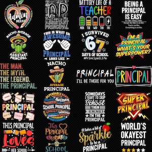 Pode incluir: Uma coleção de designs gráficos coloridos com texto, com frases como "Admin Squad", "Assistant Principal" e "Super Principal". Os designs incluem imagens de maçãs, cactos e estrelas, tudo em um fundo preto.