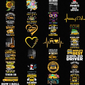 Op de afbeelding: Verzameling ontwerpen met het thema schoolbuschauffeur. Bevat tekst als "Bus Driver Life", "School Bus Driver" en "World's Best School Bus Driver". Ontwerpen tonen schoolbussen, harten en patriottische thema's.