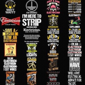 Puede incluir: Una colección de diseños gráficos negros con texto relacionado con electricistas. Los diseños incluyen frases como "Soy electricista", "Corto cables" y "Nada me sorprende". Las imágenes presentan símbolos y herramientas eléctricas.