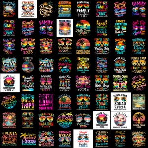 May include: A collection of colorful t-shirts with various designs related to Punta Cana vacations in 2026. The shirts feature text like "Family Vacation," "Girls Trip," and "Squad 2026," along with tropical graphics.