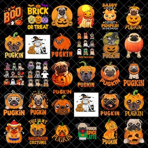May include: A collection of digital graphic designs featuring pugs and pumpkins for Halloween. The images include various illustrations of pugs wearing costumes, sitting in pumpkins, and text elements like PUGKIN, BOO, and BRICK OR TREAT.