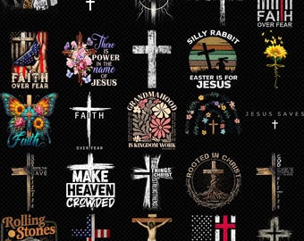 Christian Cross PNG Bundle Faith Over Fear Jesus Quotes Vintage Religious Shirt Design Easter Gift Digital Download