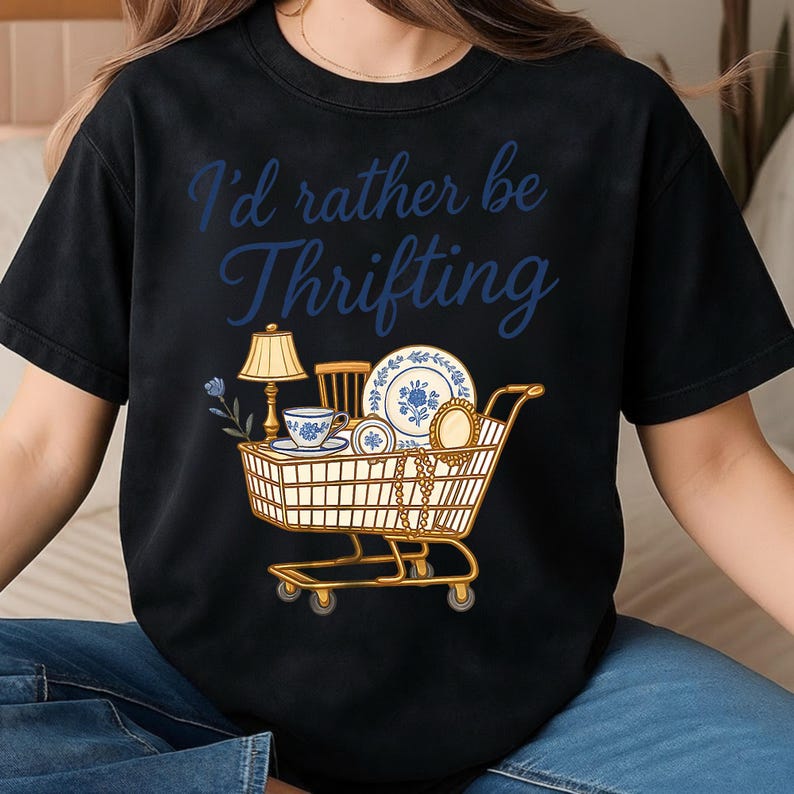 May include: Black t-shirt with the phrase "I'd rather be Thrifting" in blue script. A shopping cart graphic is filled with vintage items like a lamp, teacup, plates, and jewelry, all in a blue and gold color scheme.