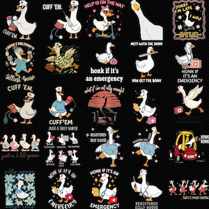 Puede incluir: Una colecci&oacute;n de ilustraciones de gansos de dibujos animados sobre un fondo negro. Los gansos se representan en varios escenarios, incluidos entornos m&eacute;dicos, con texto como "CUFF 'EM" y "HONK IF IT'S AN EMERGENCY". Los dise&ntilde;os presentan equipos m&eacute;dicos y frases humor&iacute;sticas.