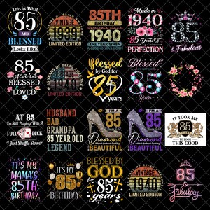 Op de afbeelding: Een digitale collectie van twintig verschillende grafische ontwerpen ter ere van een 85e verjaardag. De afbeeldingen bevatten diverse typografie, bloemmotieven, kronen, hoge hakken, speelkaarten en achtergronden in vintage zonsondergangstijl.
