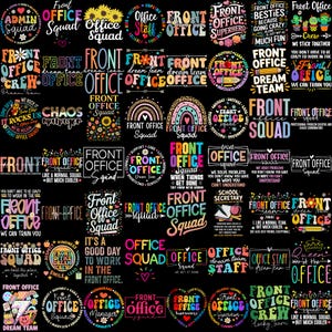 Pode incluir: Uma coleção de designs gráficos coloridos com texto relacionado a temas de escritório. Os designs incluem frases como "Front Office Squad", "Office Staff" e "Dream Team", em várias fontes e estilos, em um fundo preto.