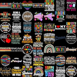 Puede incluir: Una colección de diseños gráficos coloridos con las palabras "Principal" y "Assistant Principal" en varias fuentes y estilos. Los diseños incluyen arcoíris, corazones y frases motivacionales, adecuados para el personal escolar.