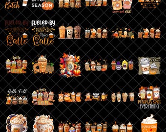 Pumpkin Spice Png Bundle, Fall Coffee Designs, Pumpkin Latte Autumn Sublimation, Cozy Coffee Lover Fall Season Digital Download