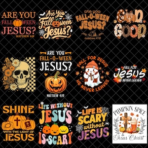 May include: A digital collection of twelve graphic designs featuring autumn and religious themes. Elements include pumpkins, skulls, ghosts, crosses, and text such as Are You Fall-O-Ween Jesus, Fall For Jesus, and Pumpkin Spice Jesus Christ.