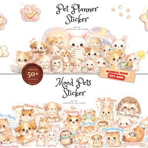 Op de afbeelding: Een verzameling aquarelstickers met schattige dierenillustraties. De stickers bevatten verschillende huisdieren, voedsel en tekst zoals "Pet Planner Sticker" en "Mood Pets Sticker". Het kleurenpalet is zacht en pastel.
