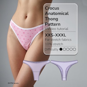 May include: A pink thong with a white star pattern and white trim. The image includes text: Crocus Anatomical Thong Pattern +Video tutorial, XXS-XXXL, For stretch fabrics, 10% stretch, Difficulty 1/4, and DVTN lecalo. Two purple technical drawings are shown.