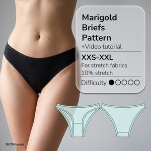 Pode incluir: Cueca preta usada num corpo, acompanhada por um painel de informação digital com a etiqueta Marigold Briefs Pattern +Video tutorial, tamanhos XXS-XXL, para tecidos elásticos com 10% de elasticidade, nível de dificuldade um de quatro e desenhos técnicos azul-claros.