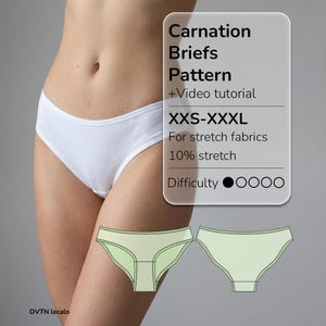 Könnte beinhalten: Ein weißer Slip, getragen an einem Torso, begleitet von einer digitalen Schnittmuster-Grafik mit der Aufschrift Carnation Briefs Pattern +Video tutorial XXS-XXXL For stretch fabrics 10% stretch Difficulty mit einem gefüllten Kreis.