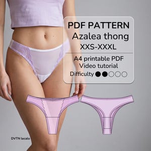 Könnte beinhalten: Ein hellvioletter Tanga mit Spitzenbesatz, dargestellt an einer Person und als technische Zeichnung. Der Text lautet: PDF PATTERN Azalea thong XXS-XXXL, A4 printable PDF, Video tutorial, Difficulty 2/5. Das Design hat ein transparentes Vorderteil.
