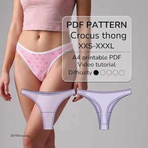 May include: A PDF pattern for a Crocus thong in sizes XXS-XXXL, featuring an A4 printable format and video tutorial. The image displays a pink star-patterned thong and two light purple technical line drawings of the thong design by DVTN lecalo.