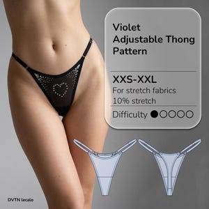Puede incluir: Una tanga negra con tirantes ajustables y un patrón de corazón con pedrería. El texto dice: Violet Adjustable Thong Pattern, XXS-XXL, For stretch fabrics, 10% stretch, Difficulty. Se incluyen dos dibujos técnicos de la tanga.