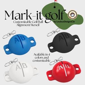 May include: Four golf ball alignment stencils in blue, black, white, and red are shown. Each stencil has a silver clip and the letters "AB" marked on the surface. The text "Mark-it golf" and "Customizable Golf Ball Alignment Stencil" is displayed.