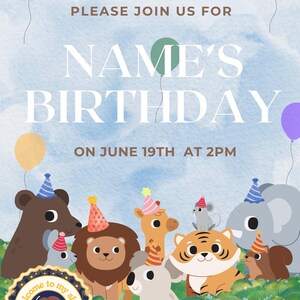 Invitación de cumpleaños editable con animales / Linda invitación para fiesta de safari en la jungla / Tarjeta de cumpleaños imprimible para niños / Descarga instantánea / Fiesta temática del zoológico