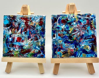 Mini Abstract Painting Set | 3x3 Original Art with Easels | The Scenic Route