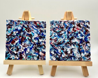 Mini Abstract Painting Set | 3x3 Original Art with Easels | Chaos
