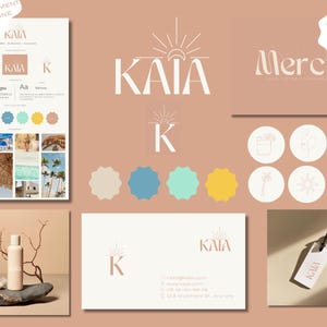 May include: A branding kit with the name "KAIA" in a modern font, featuring logo variations, color palettes, and a business card design. Includes the text "100% Editable on Canva" and "Merci".