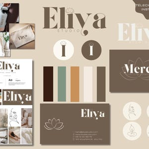 May include: A collection of branding elements featuring the "Eliya Studio" logo in various applications. Includes logo variations, color palette, business card design, tote bag, water bottle, and a canvas pouch. The design is in neutral tones.