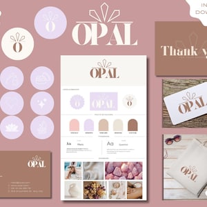 May include: A branding kit with a soft color palette, including a logo, business card, thank you card, and tote bag. The logo features the word "OPAL" in a stylish font. Additional elements include color swatches and social media icons. The words "Instant Download" are visible.