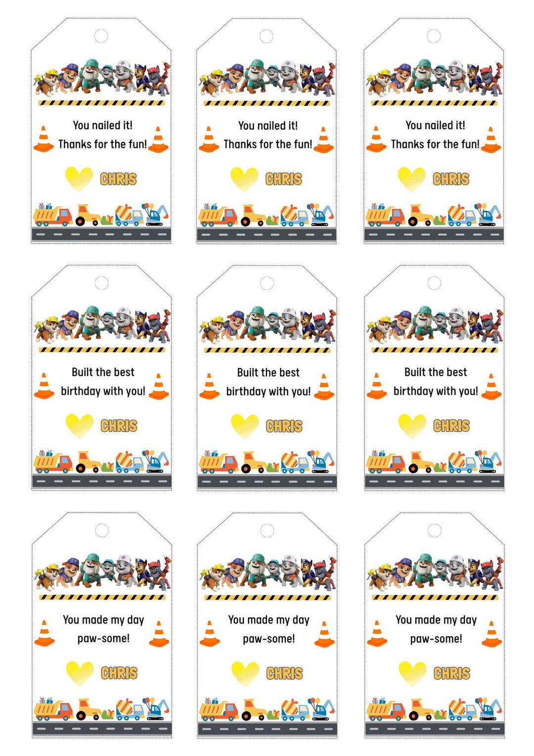 Rubble and Crew Birthday Party Thank You Tags - Etsy Canada