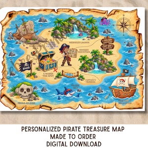 May include: A colorful illustrated pirate treasure map on aged parchment paper featuring a central pirate character, a treasure chest, a shipwreck, a shark, and a ship named The Jolly Jellyfish. Text labels include Mermaid Lagoon, Monkey Mountain, and X Marks The Spot.