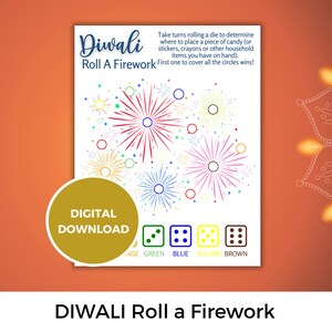 May include: A digital download game titled "Diwali Roll a Firework" with colorful fireworks illustrations. The game includes instructions and dice-colored circles. A gold circle with "Digital Download" is also present.