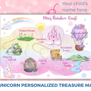 May include: A personalized unicorn treasure map with a rainbow, castle, and hot air balloon illustrations. The map includes the text "Mia's Rainbow Quest" and "Unicorn Personalized Treasure Map". The background is pink.