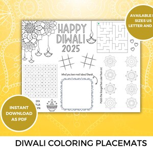 Diwali printable placemat for coloring, perfect gift for kids at diwali party, festival of lights games, fun for children, pdf download