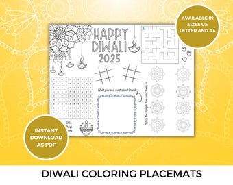 Diwali printable placemat for coloring, perfect gift for kids at diwali party, festival of lights games, fun for children, pdf download