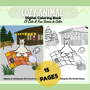 Gemütliches Tier Malbuch | 15 niedliche Tierszenen | Druckbare digitaler Download für Kinder & Erwachsene | Entspannende Malvorlagen PDF