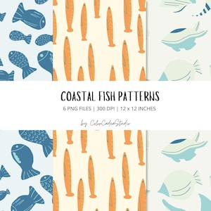 May include: A digital collection of coastal fish patterns featuring six PNG files. The designs include blue fish on a light blue background, orange fish on a cream background, and light blue fish on a white background. Text reads COASTAL FISH PATTERNS.