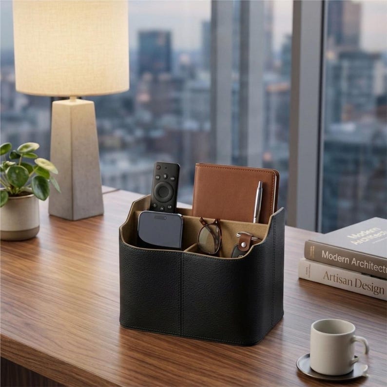 May include: A black leather desk organizer with multiple compartments, holding a remote, a small device, a notebook, glasses, and a pen. The organizer sits on a wooden desk, with a lamp and a plant in the background.